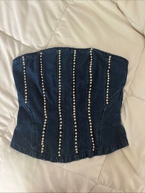 Cherry Mellow Denim Corset Top with Rhinestone Stripes